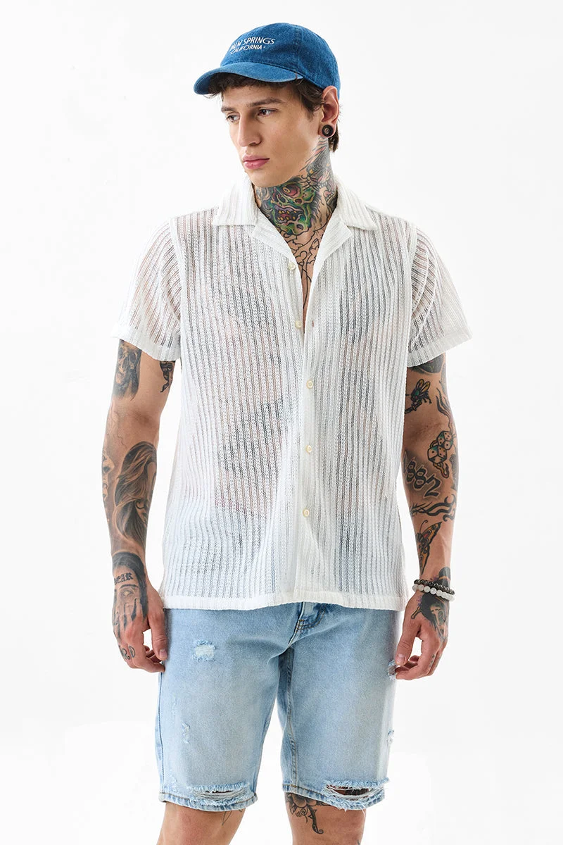 SNITCH Box Fit Self-Design Crochet White Shirt